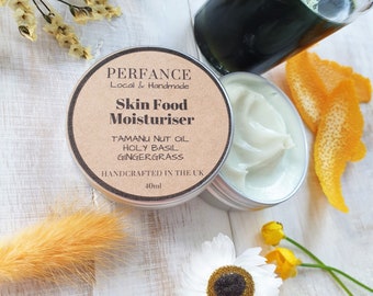 Face Cream with Tamanu Oil, Holy Basil and Gingergrass. Skin Food Moisturiser. 40ml Tin. UK. Sustainable.