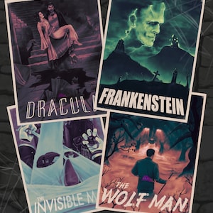 May include: Four vintage movie poster designs featuring classic horror films: Dracula, Frankenstein, The Invisible Man, and The Wolf Man. Each poster features a dark, atmospheric illustration with a title in bold, white lettering.