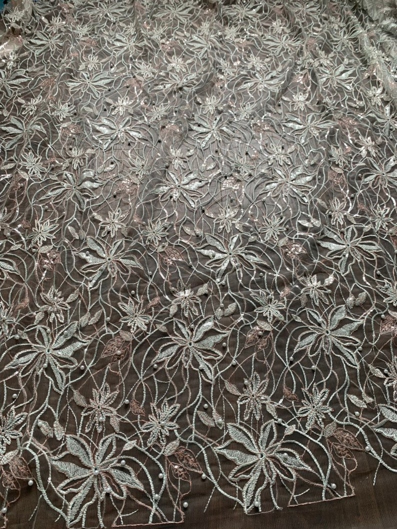 Tulle Lace Fabric with Sequin Beads Net & Embroidery High End Bridal African Nigerian Dress DIY shops Wedding Fabric sold per 5 yards