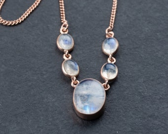 Vintage moonstone necklace with 5 cabochons, chain 41 cm, completely reworked, 925 silver newly plated with 18k rose gold, rainbow, unique