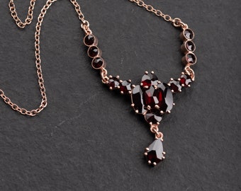 Vintage garnet necklace, completely refurbished, American double and standard gold, newly plated with 18k red gold, Bohemian garnet dark red, unique