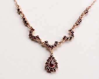 Vintage garnet necklace, completely refurbished, 835 silver, replated with 18k rose gold, Bohemian garnet dark red, delicate chain, unique