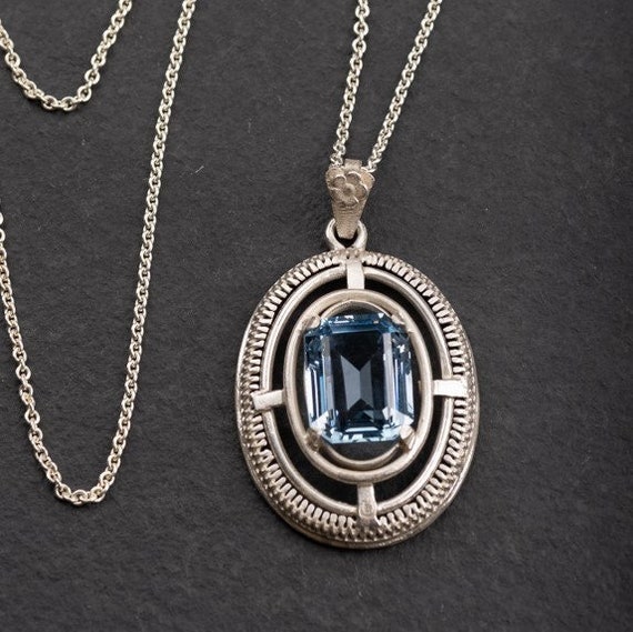 Antique blue topaz pendant with a long chain, 835… - image 1