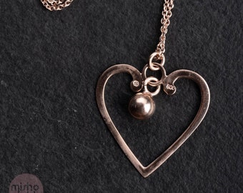 long vintage necklace with heart pendant, completely refurbished, 800 silver, replated with 18k rose gold, heart ball chain, unique