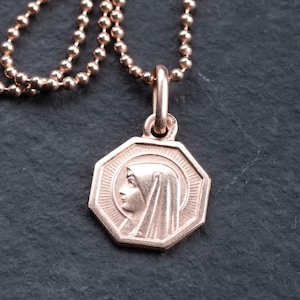 Vintage Madonna-hänge med kulkedja, 835 och 925 silver, ompläterat med 18k roséguld, Jungfru Maria, unikt verk, helt renoverat.