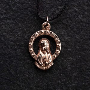 Vintage Madonna Lourdes pendant, 835 silver newly plated with 18k rose gold, completely refurbished, thread chain adjustable in length, unique piece