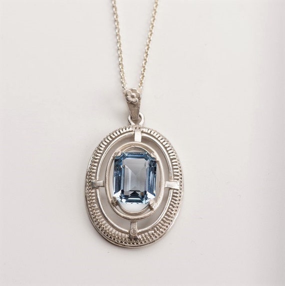 Antique blue topaz pendant with a long chain, 835… - image 2