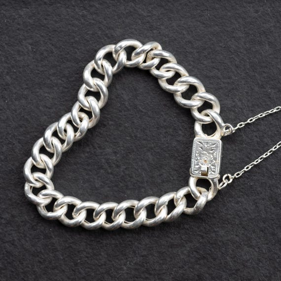 Antique curb bracelet, 835 silver, replated with 999 fine silver, cm,  hollow, box clasp, unique piece, completely refurbished