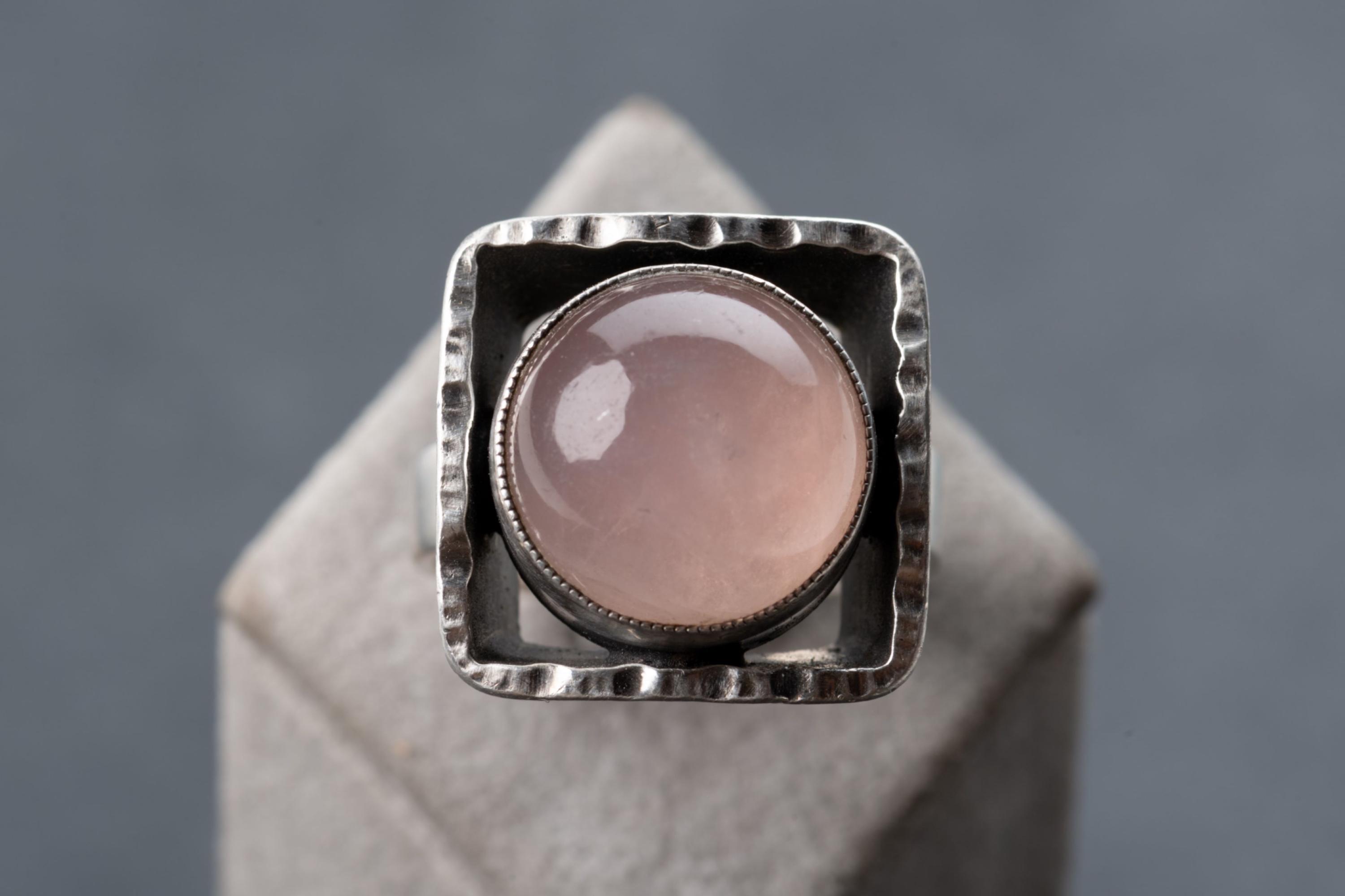 Bague Vintage Ajustable Argentée - Cabochon Cristal Rose - Taille 53 - Occasion