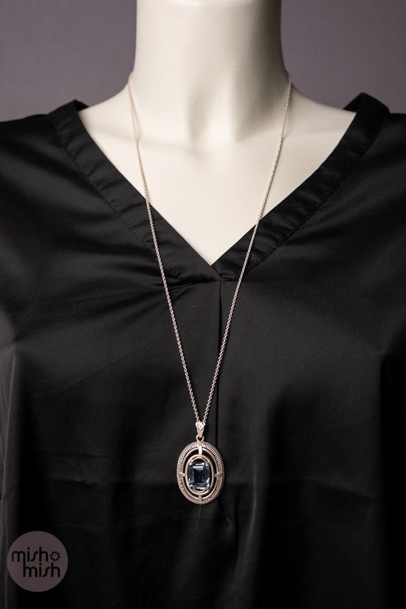 Antique blue topaz pendant with a long chain, 835… - image 3