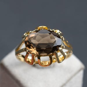 Bague vintage en or avec quartz fumé facetté, or 333/8 carats replaqué or jaune 18 carats, entièrement rénovée, taille 59, 18,9 mm, pièce unique