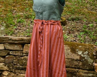 Organic Cotton Linen Blend  A-Line Skirt - Elastic Waist, Side Pockets, Vintage Inspired