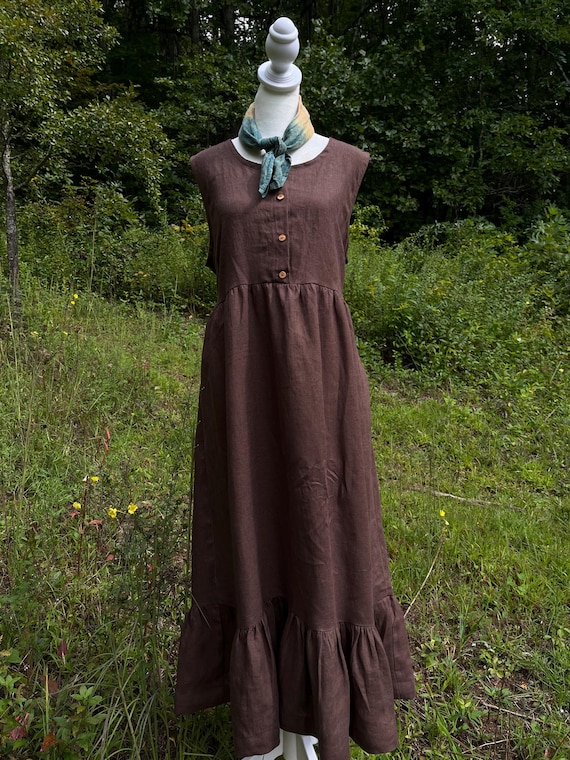 Linen Maxi Dress - Gathered Waist with Button Placket Linen Maxi Dress - Gathered Waist with Button Placket