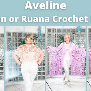 May include: A crochet cardigan or ruana pattern called "Aveline". The pattern is shown in three different colors: peach, lavender, and pink. The model is wearing the cardigan in all three colors.