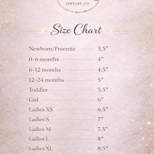 May include: Size chart from L&L Jewelry Co. lists wrist sizes in inches for bracelets. Sizes range from 3.5" for newborns to 8.5" for Ladies XL. Includes instructions for measuring wrist size for the best fit.