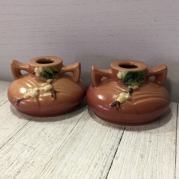 Roseville Pottery SNOWBERRY Dusty Rose Pink Pair Set (2) Candle Stick Holders With Handles Signed USA