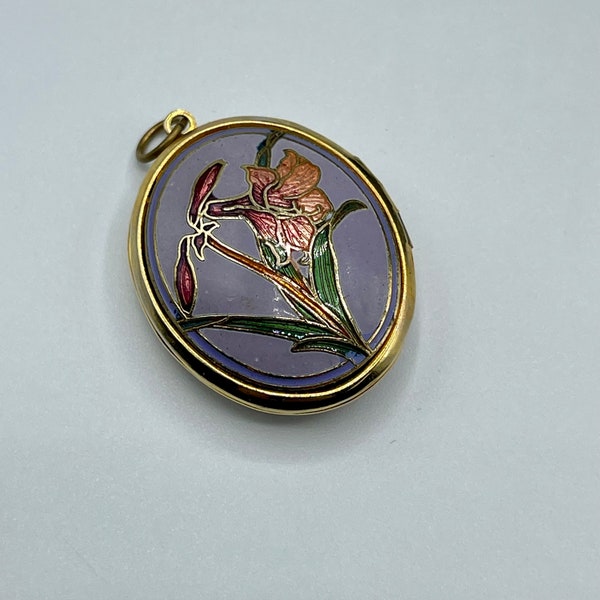 Vintage Cloisonne Locket Pendant Gold Tone Puffy Oval With Lily Iris Flowers and Leaves Purple Jewelry