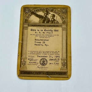 Vintage 1945 BSA Boy Scouts Membership Card: Hazard KY Scoutmaster Ephemera