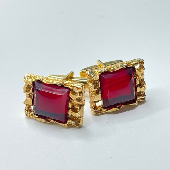 Vintage Cufflinks Gold Nugget Red Rhinestone Crys… - image 2