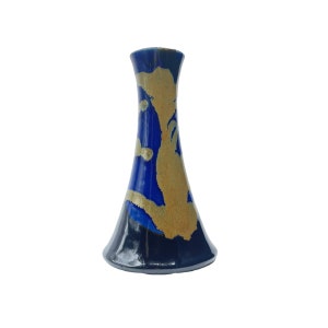 May include: A blue and gold ceramic vase with a flared base and a narrow neck. The vase has a unique, abstract design with gold accents.