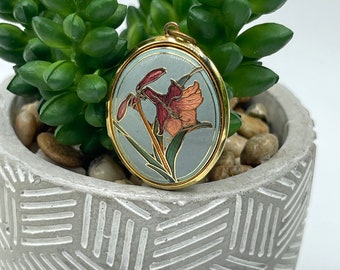 Vintage Cloisonne Locket Pendant Gold Tone Puffy Oval With Lily Iris Flowers and Leaves Blue Jewelry