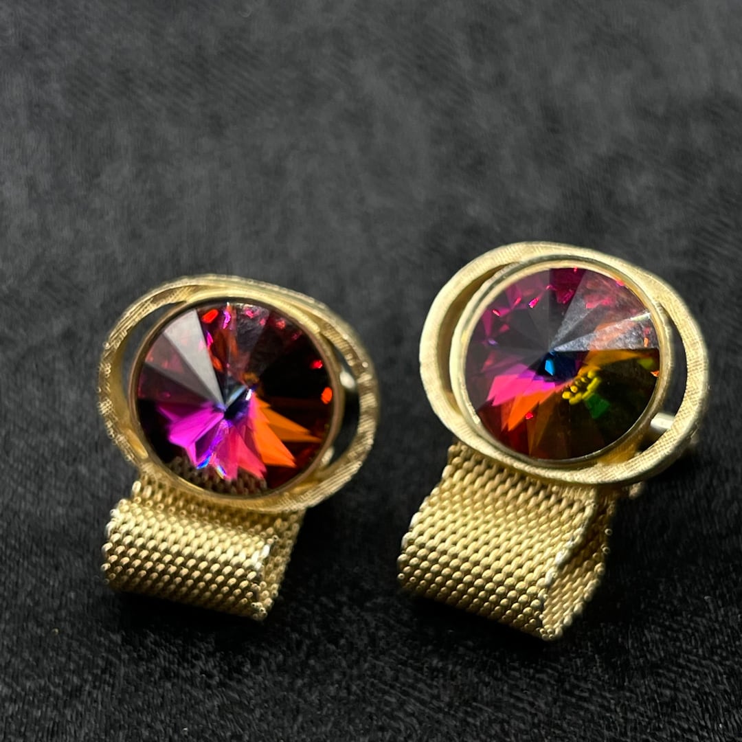 Vintage DANTE Cufflinks Watermelon Rivoli Rhinestone Buttery Gold Mesh
