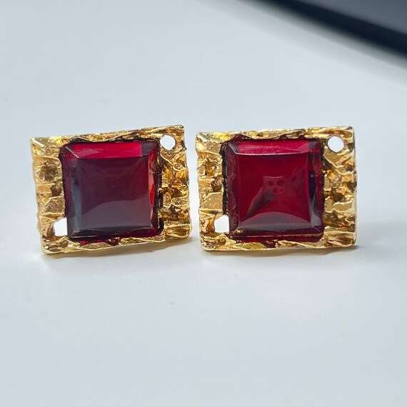 Vintage Cufflinks Gold Nugget Red Rhinestone Crys… - image 3