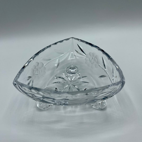 Vintage Floral Etched Cut Glass Triangle Shape Footed Trinket Ring Dish 1950's