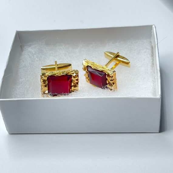 Vintage Cufflinks Gold Nugget Red Rhinestone Crys… - image 5