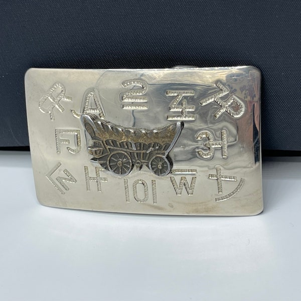 Vintage Silver Buckle Cattle Branding Marks Featuring Covered Wagon Chambers Belt Co. USA, Western Wear Southwestern Wear Cowboys