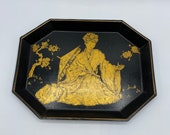 Antique 19 Century Toleware Serving Tray Black Laquered Gold Asian Vintage Art Japanned Chinoiserie Trinket Dish Lady With Cherry Blossoms