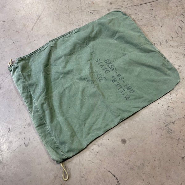 Vintage US Army Military Issue Olive Green Cotton Drawstring Laundry Bag Gunny Sack Duffle Militaria Stamped Name Sgt. Miller, Davis B. Jr.
