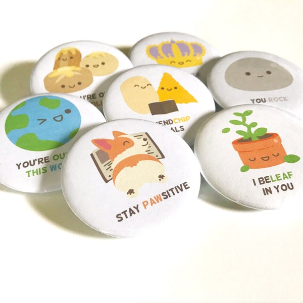 Very Punny Cute Inspirational Pinback Buttons - Illustrations and Motivational Puns