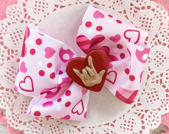 ASL Valentines Day hair bow pink heart hair bow American Sign Language bow I Love you bow Large Valentine Hair Bow ILY hand sign hair bow
