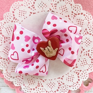 ASL Valentines Day hair bow pink heart hair bow American Sign Language bow I Love you bow Large Valentine Hair Bow ILY hand sign hair bow