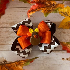 Thanksgiving Hair Bow, toddler turkey Hair Bow, brown chevron Hair Bow, Fall Hair Bow, autumn hair clip, first Thanksgiving bow, harvest bow