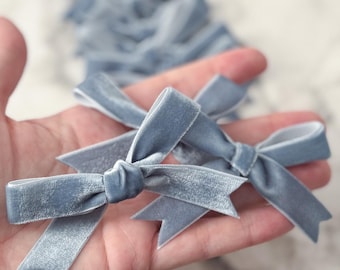 Dusty Blue Velvet Bow Pretied Bows for Gifts Bow Wedding Favor Bag Tied Bow Baby Shower Favor bow for Treat Bag Light Blue baby boy shower