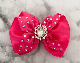 Hot Pink Pageant Hair Bow Rhinestone small Hair Bow Fancy pink bow Glitz Hair Accessory Over the top pink bow satin pageant hair bow