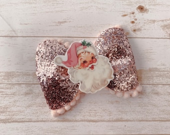 Pink Santa Hair Bow Christmas Glitter Faux Leather Hair Bow for girls pink Christmas hair bow holiday seasonal hair bow boutique Santa Claus