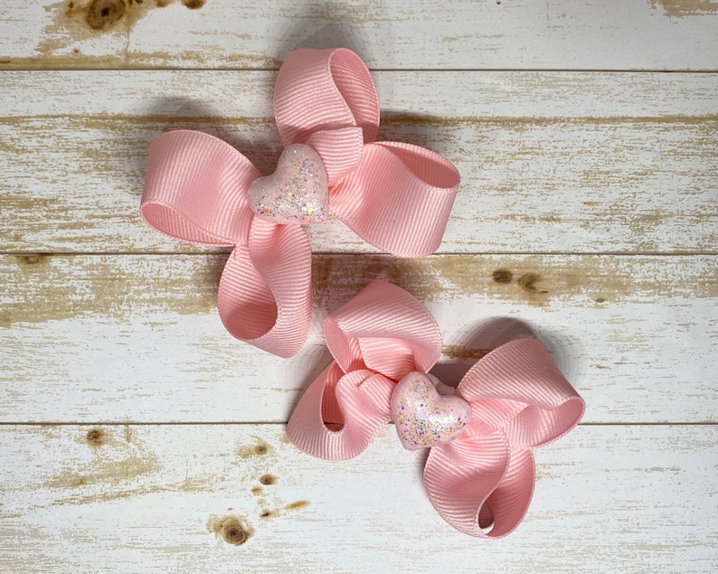 Baby Pink Hair Bow Pigtails Set of 2 Hair Bows Glitter Heart Etsy