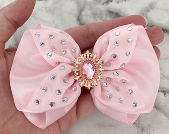 Baby Pink Pageant Hair Bow Fancy Rhinestone Hair Bow small light pink bow Hair Accessory Over the top pink bow satin glitz pageant hair bow