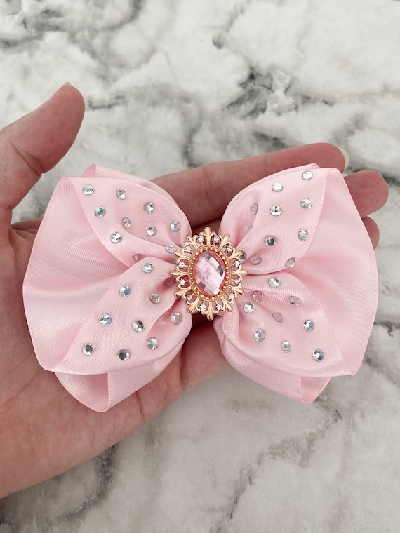 Baby Pink Pageant Hair Bow Fancy Rhinestone Hair Bow Small 