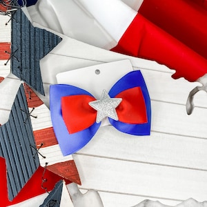 4th of July Hair Bow, Independence Day bow, Patriotic Hair Bow, red blue hair bow, silver star summer bow, boutique hair bow, holiday outfit
