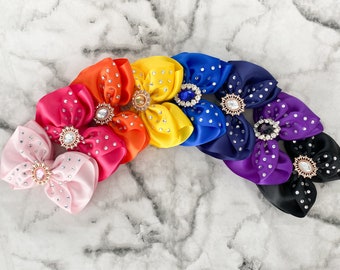 Pageant hair Bow Rhinestone Hair Bow small bow Hair Accessory Over the top hair bow satin glitz pageant hair bow fancy bow in many colors