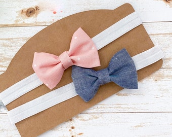 Pink Blue Headband set for baby girls petite set of two hair bows newborn infant hair bow fabric bowtie style headband bow chambray denim