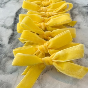 Yellow Velvet Bow Set 12 Pretied Bows for Gifts Bow for Wedding Favor Bags Tied Bows for Baby Shower Favor bows Bulk set Craft bow Treat Bag