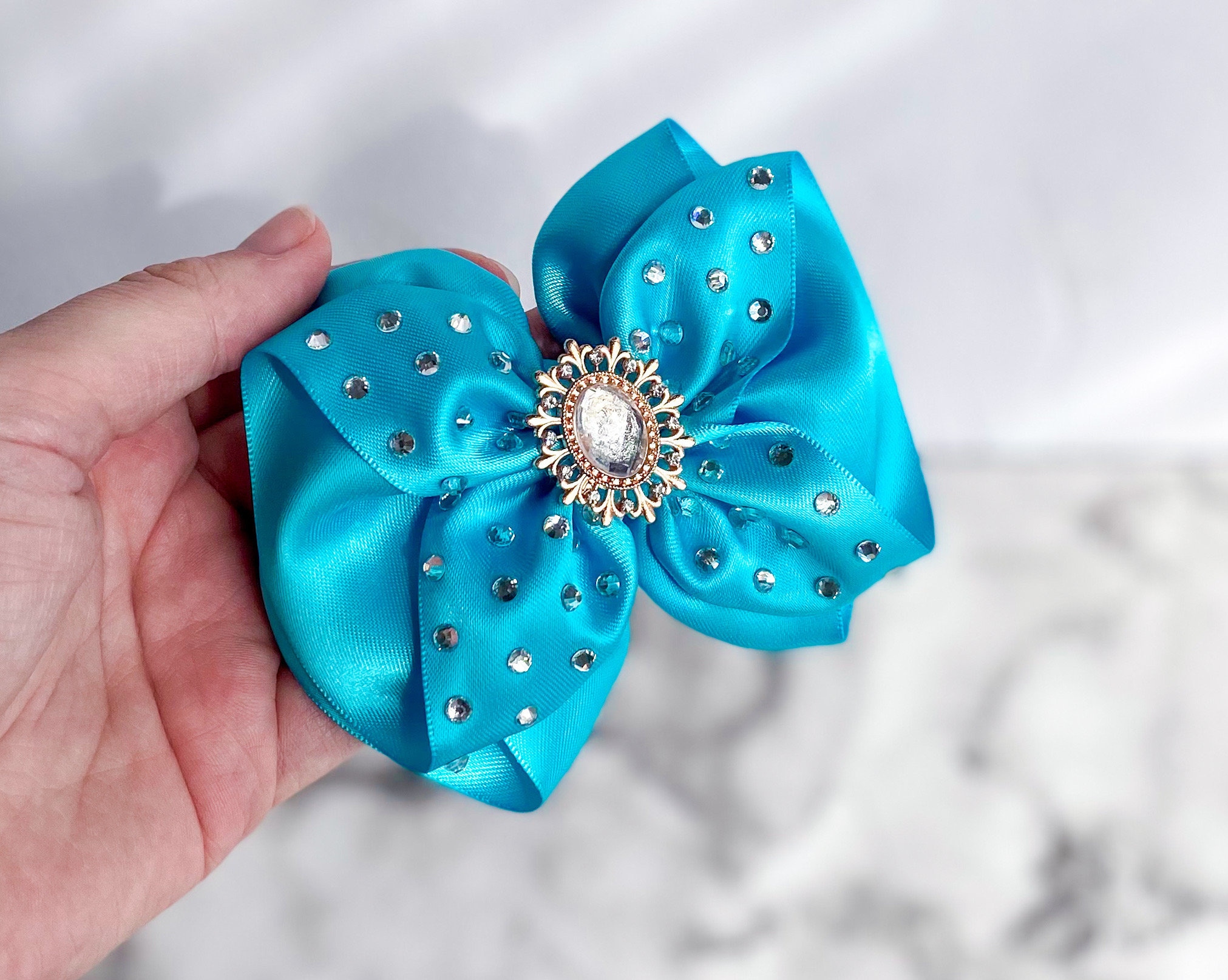 Turquiose Pageant Hair Bow Rhinestone ruffled Hair Bow Fancy teal hair bow Glitz Hair Accessory light blue bow satin sparkle blue hair bow