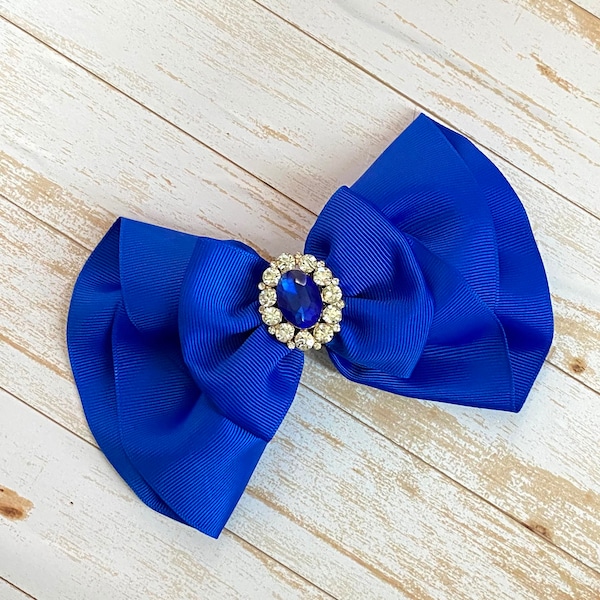 Ruffled Royal Blue Hair Bow, Formal elegant Hair Bow, Large sapphire Hair Bow, Fancy pageant hair bow, Large blue 6 inch bow, Rhinestone bow