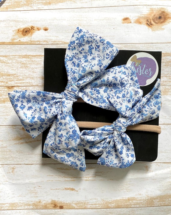 Blue Floral Fabric Hair Bow Two Sizes Pig Tails Hair Bow for  display picture 2