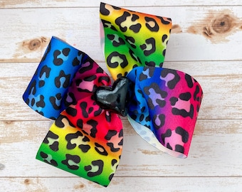 Rainbow Cheetah Hair Bow, Animal print hair bow, big boutique bow, colorful leopard bow, 5 inch bow with center, vibrant ombré bow for girls